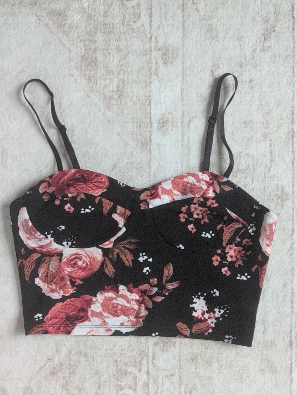 SHEIN Black Floral Bustier Crop Top with Pink Rose Print